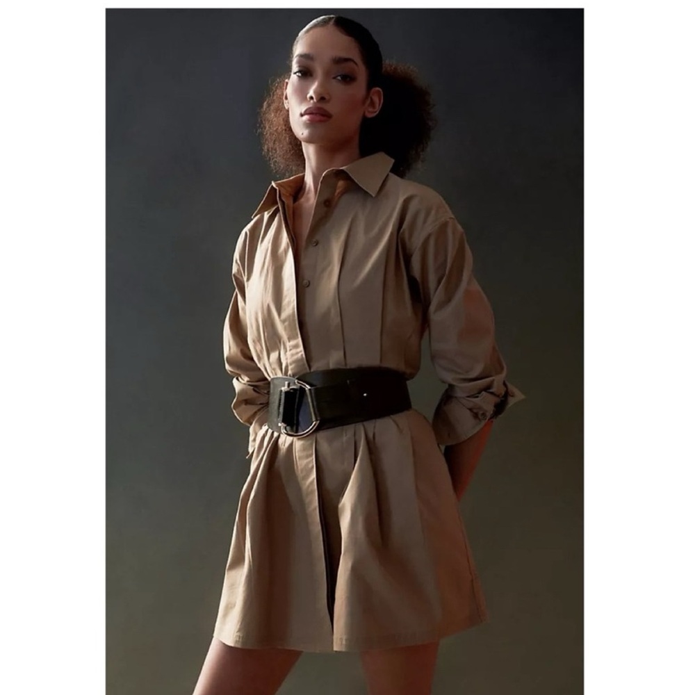 NEW Anthropologie Pilcro Pintuck Mini Shirt Dress Khaki Beige Small Button Front - Picture 12 of 15
